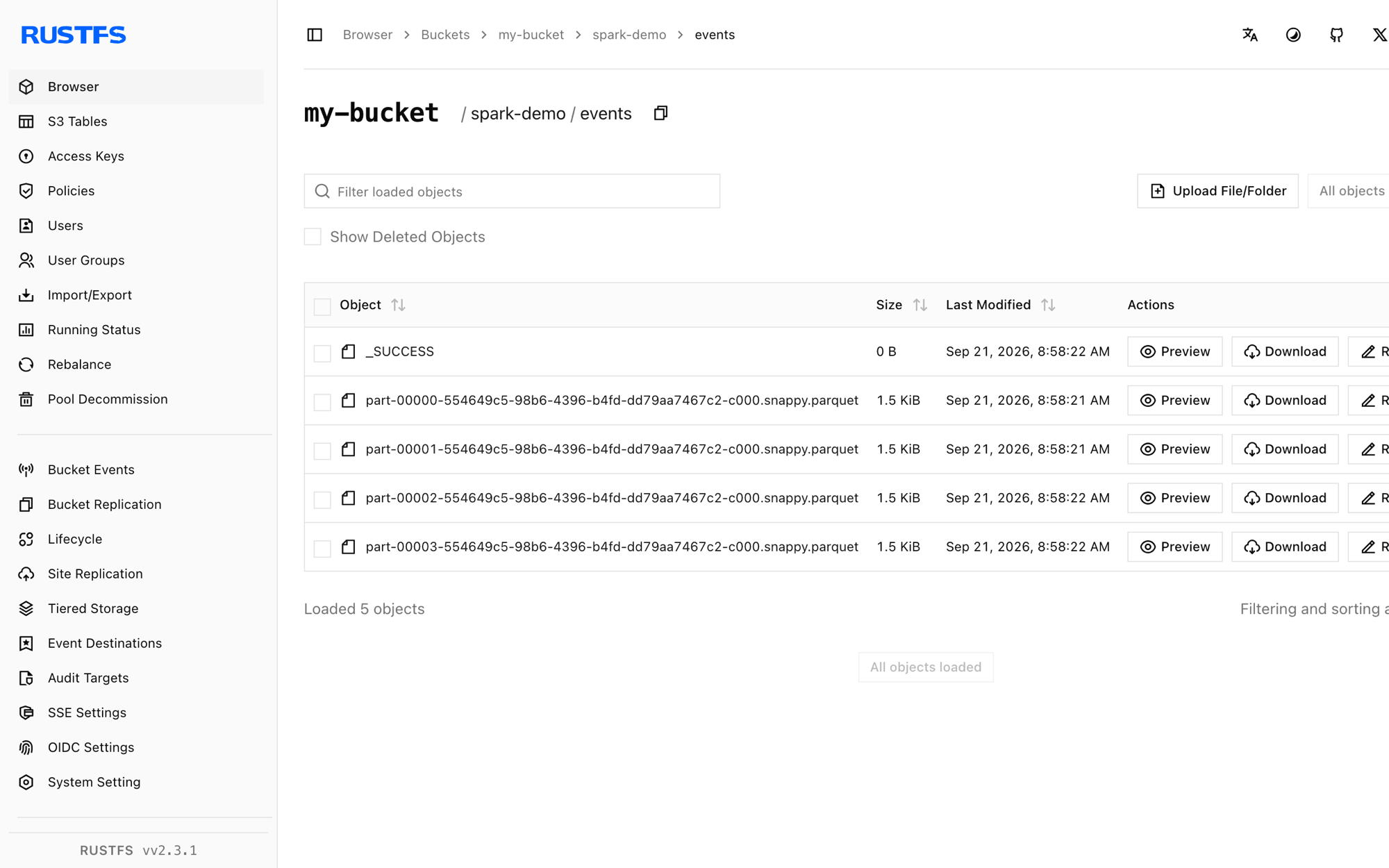Spark Parquet output stored in the RustFS Console